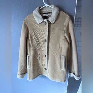 Jones New York Beige Faux Shearling Suede Sherpa Collar Tan Cozy ButtonJacket M